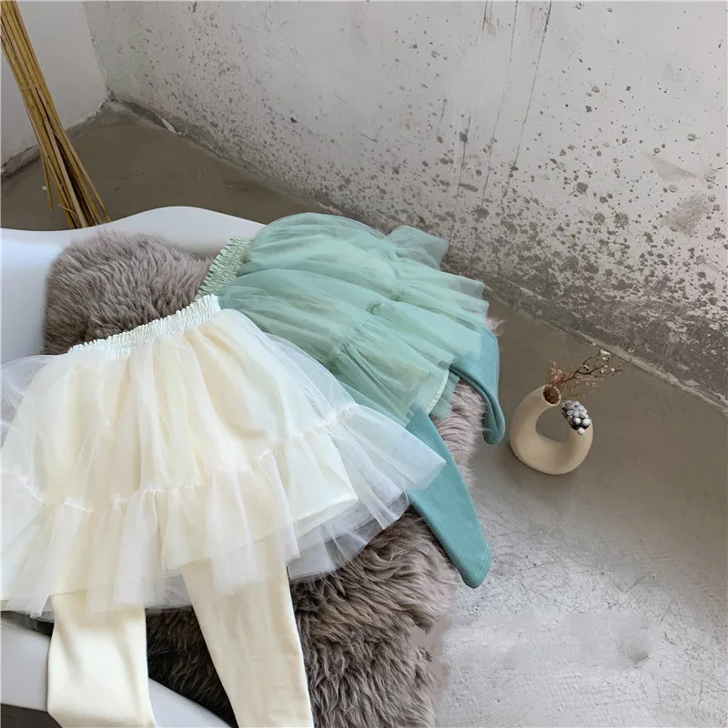 

Fall Ins Style Small Fresh Temperament Fairy Splice Screen Children Skirts with Leggings Elestic Cotton Girls Pants with Tutu