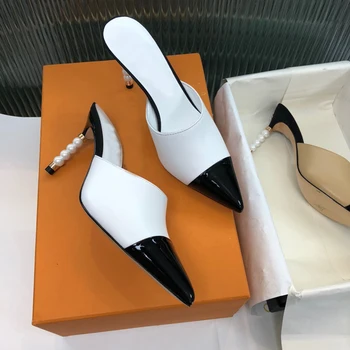 

Hot Fashion Point Toe Pumps Spring Summer Brand Design High Pearls Heels Women Shoes Patchwork Slip-On Female Pumps
