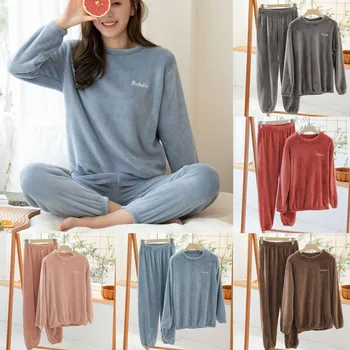 

Women Winter Pajamas Sets Solid Coral Velvet Warm Long Sleeve Tops Loose Pants Sleepwear Tracksuit Nightwear q5