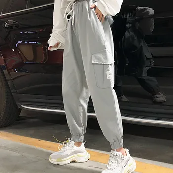 

Women Fashion Big Pockets Loose Trousers Casual Joggers Black High Waist Drawstring Pants