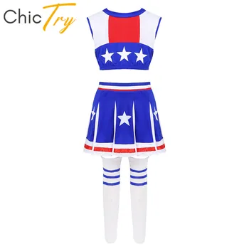 

ChicTry Kids Girls Cheerleader Uniform Sleeveless Stars Printed Crop Tops with Shorts Skirt Socks Performance Jazz Dance Costume