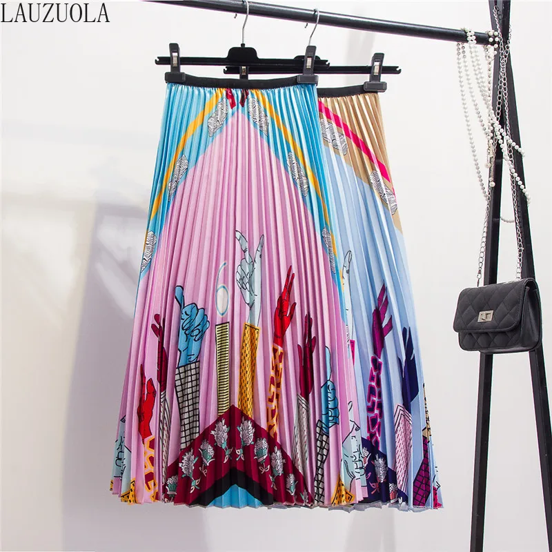 

LAUZUOLA 2019 Autumn Summer Women Cartoon Skirt Cute Pattern High Street Style A-line Mid-Calf Empire Womens Skirts Pleated