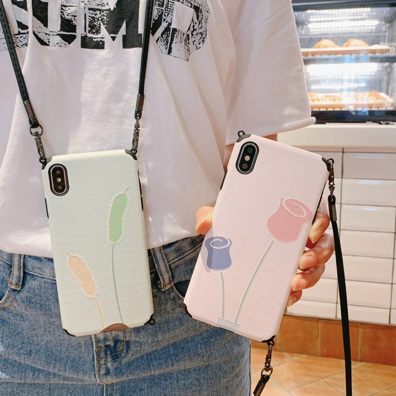 

Emboss Floral Phone Case For iPhone 11 pro Max X XR XS MAX Silicone protective case for iphone 7 6s 8 plus Lanyard Neck Strap Cover Capa