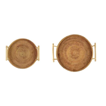

Handmade Fruit Basket Tea Tray Rattan Weaving Bread Storage Organizer for Kitchen Food Picnic Container Round Decor,2 Pack