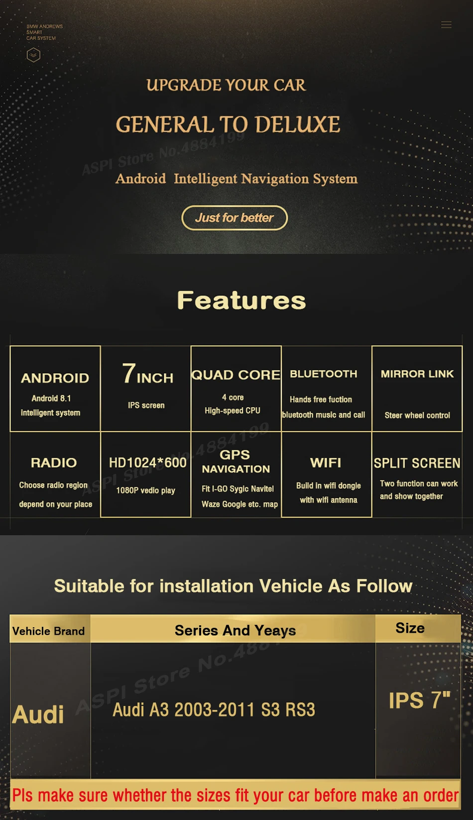 Discount Android 9.0 Car DVD Stereo Player for Audi A3 S3 RS3 2003 - 2011 with WiFi BT GPS Radio,ISP Screen Car Head Unit GPS Navigation 1
