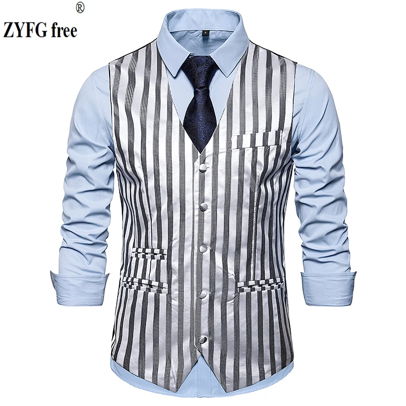 

ZYFG free men Fashion striped suit vest Single-breasted design striped pattern Vest plus size smart casual style vests for men