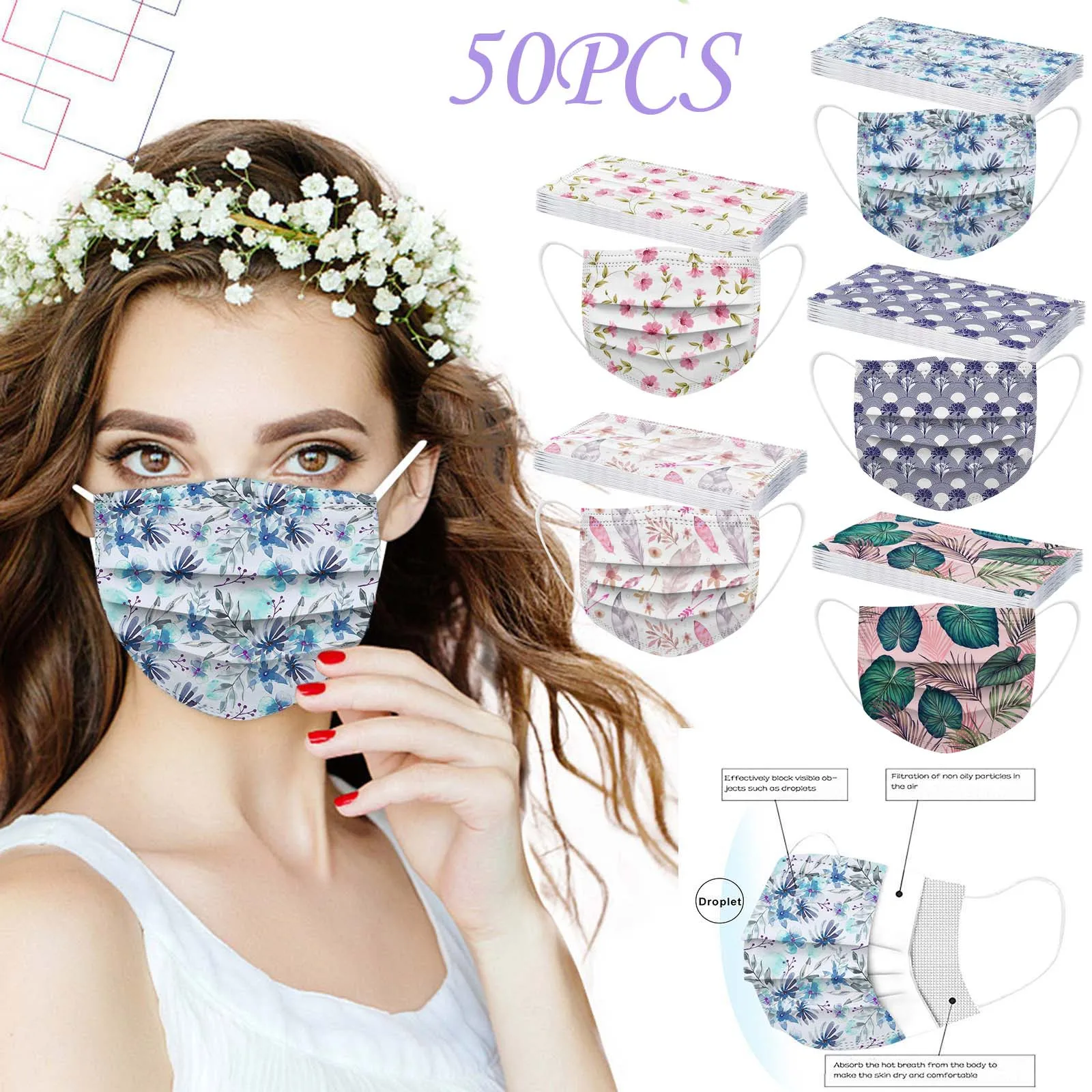 10/20/30/50pcs Flower Print Mask Adult Disposable Face Masks Mascarillas Spring Floral Masque Unisex 3-Layer Face Masks Маска 3