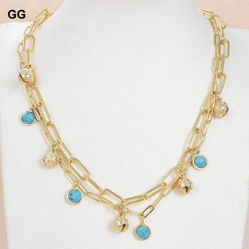 GG Jewelry 17'' 2 Strands Gold Plated Small Bell Blue Turquoise Coin Pendant Chain Necklace | Украшения и аксессуары