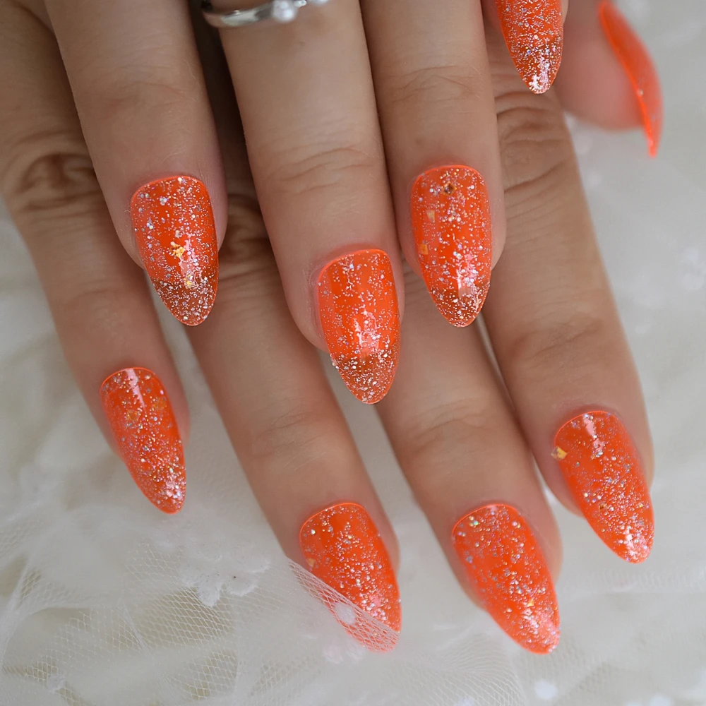 Orange Color Nails Simple Design Press On Nails With Glitter Medium Short Fingernails Nails Art Nails Tips Wholesale Supplying Aliexpress Beauty Health