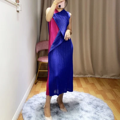 Горячее предложение! Модное Плиссированное прямое платье без рукавов с О-образным вырезом - Цвет: Синий