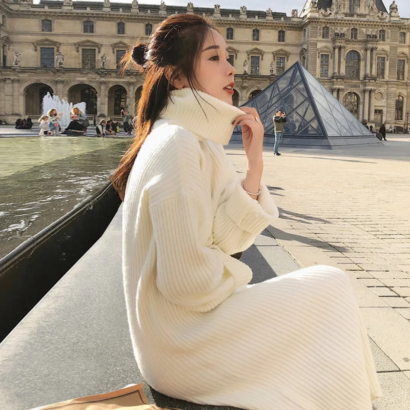 Shijia длинный вязаный свитер водолазка платье для женщин осень зима согревает черное белое однотонное вязаное платье женское шикарное