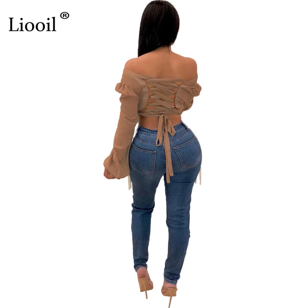 Liooil Blue Sexy Skinny Denim Jeans Womens With Tassel Holes High Waist Pencil Pants Bottoms Wash Distressed Jean Trousers