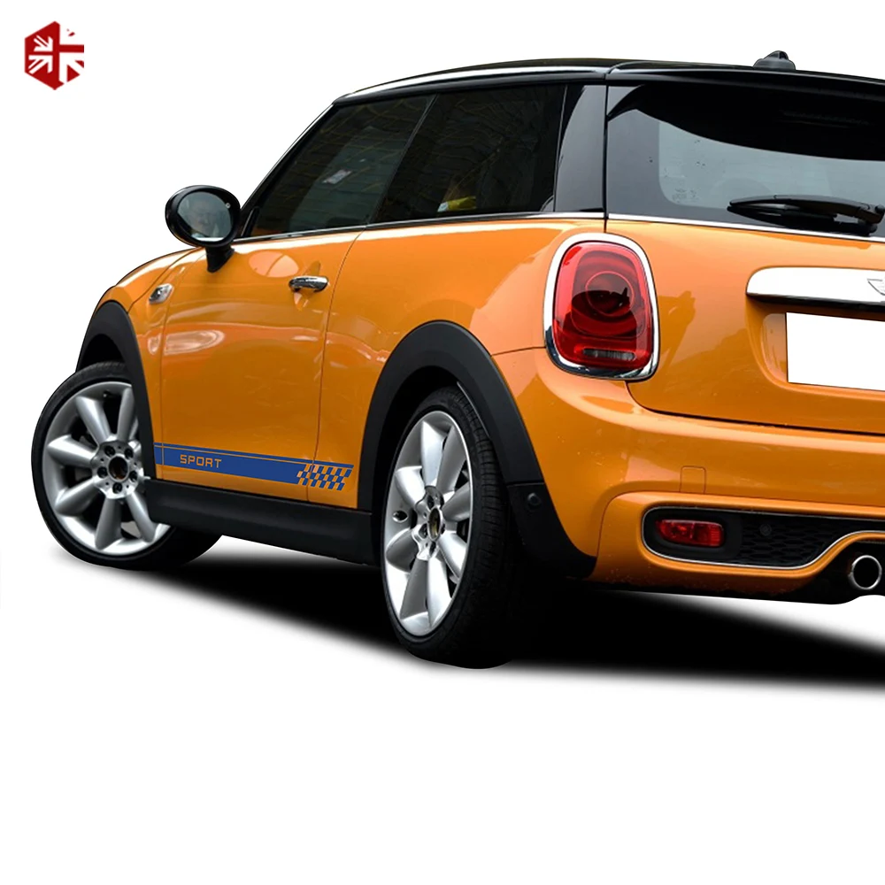 2 Pcs Racing Sport Checkered Styling Car Door Side Stripes Sticker Body Decal For MINI Cooper S F56 JCW One 3d Accessories