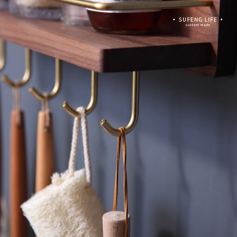  Kitchen Multi-function Racks Brass and Black Walnut Wood Seasoning Storage Rack Wall Hanging Corner - 4000299126858