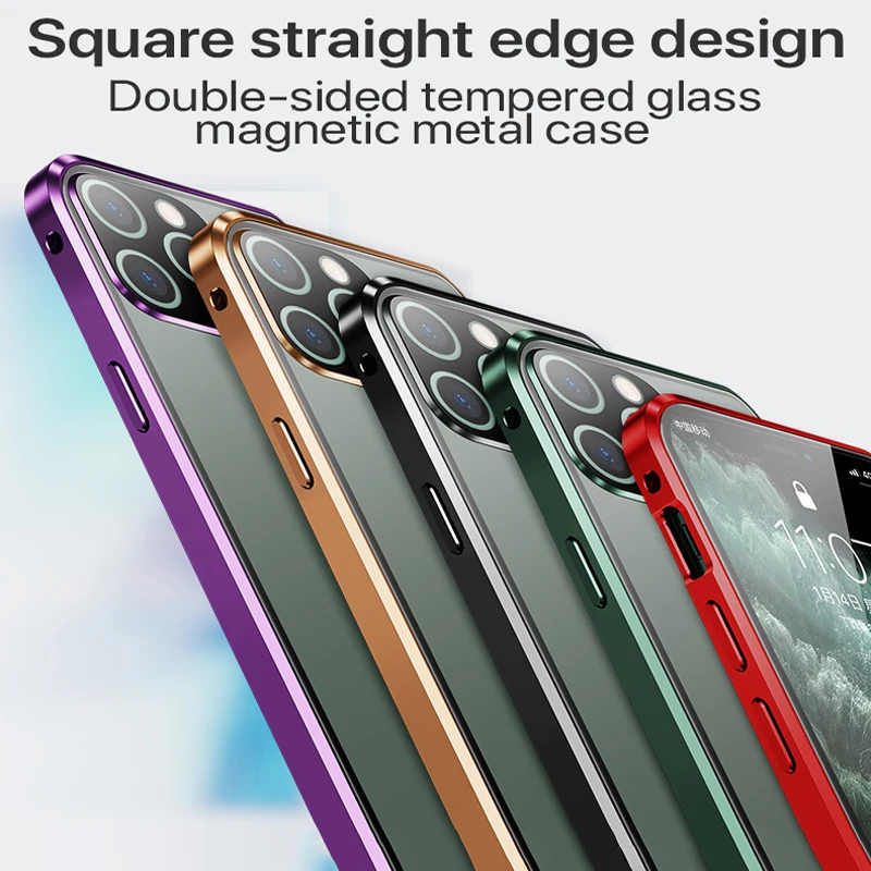 Luxury Square Metal Magnetic Case For iPhone 12 mini 11 Pro MAX X XR XS MAX Double sided Clear Glass Lens Protection Back Cover