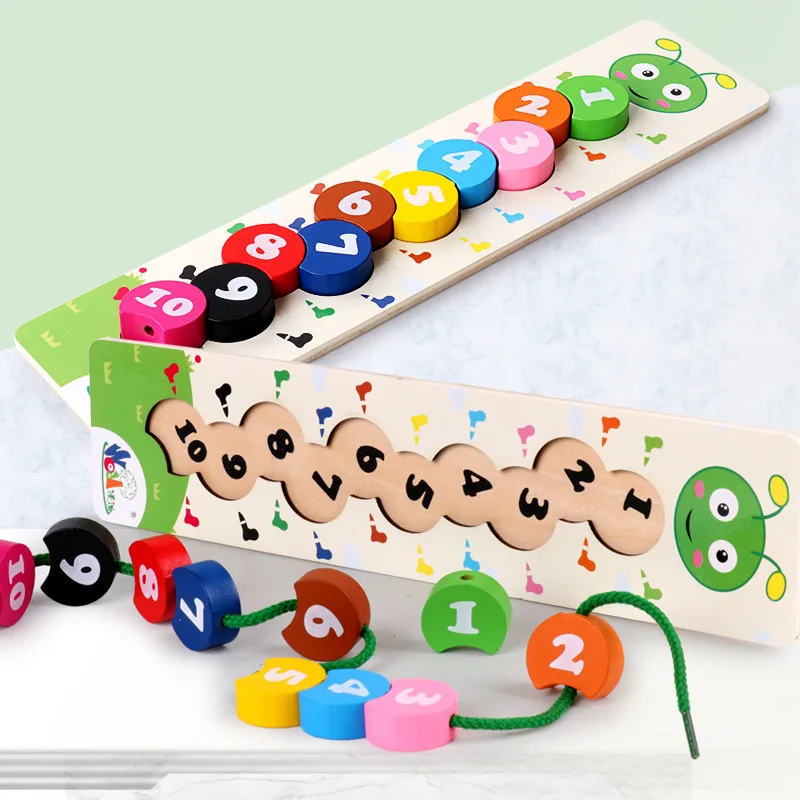 Wooden Learning Baby Toys Colorful Number 1-10 Stringing Threading Caterpillar Digital Beading Math Montessori Educational Toys