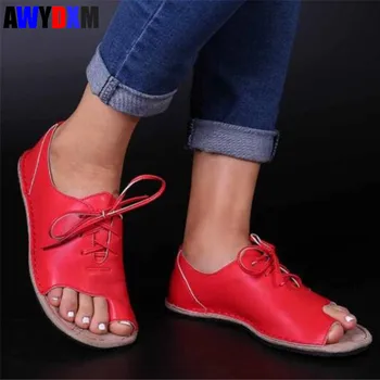 

Summer Women's Flat Sandals Vintage rome lady Sewing Clip Toe shoes Female Lace Up Pu Leather casual Sandalias mujer 2020 S202