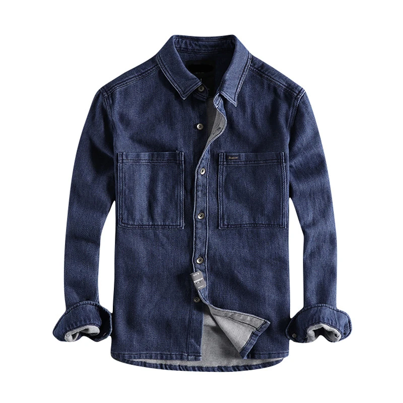

Japanese Harajuku Vintage Big Pockets Denim Shirt for Men Urban Boys Streetwear Hip Hop Long Sleeve Blue Jeans Shirt Plus Size