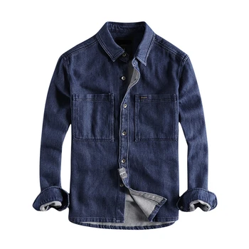 

Japanese Harajuku Vintage Big Pockets Denim Shirt for Men Urban Boys Streetwear Hip Hop Long Sleeve Blue Jeans Shirt Plus Size