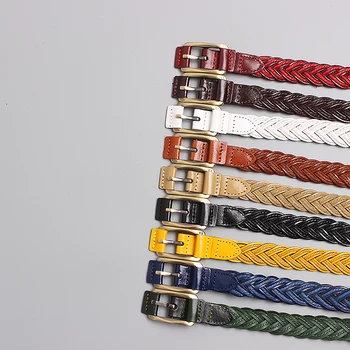 

Women leather belt 2cm width thin designer belts black brown handmade woven twist dress belt waistband green blue