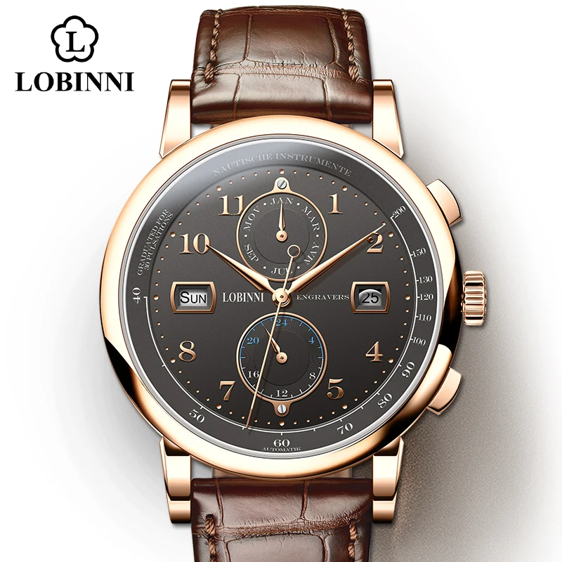 LOBINNI Бизнес часы от топ бренда, роскошные модные мужские кожаные Водонепроницаемый 50 м Мужские механические наручные часы с датой Дисплей часы - Цвет: Rose-Black-Brown