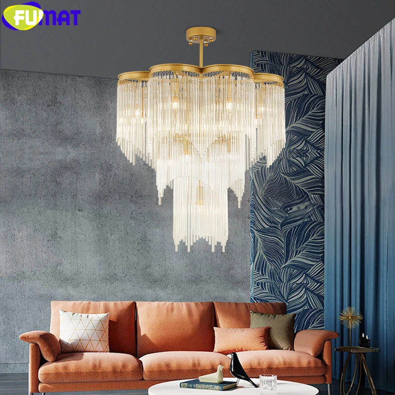 FUMAT Crystal K9 Pendant Lamp Hanging Light Fixture Chandelier Light Multi-layer Waterfall Form Gold Black Frame Modern Style