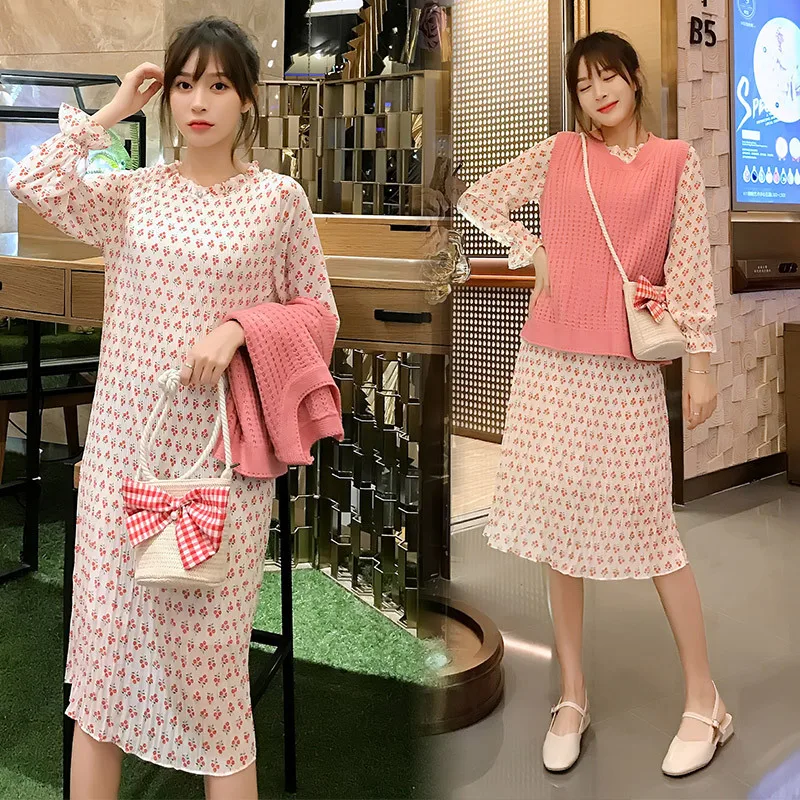 

2020 Spring New Style Mid-length Pregnant Women Chiffon Dress + Knitted Sweater Vest Suit