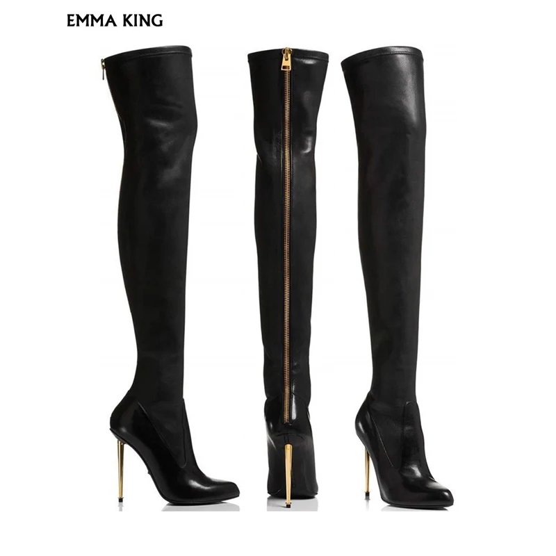 

Free Shipping New Pointed Toe Over The Knee Boots Metal High Heel Boots Women Back Zip Thigh High Leather Boots Women Big Size