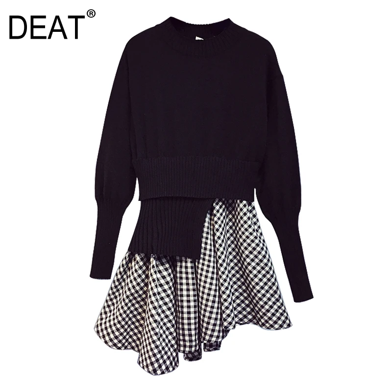 

[DEAT] 2019 New Spring Summer Round Neck Long Sleeve Hit Color Spliced Irregular Hem Personality Dress Women Fashion Tide JZ655