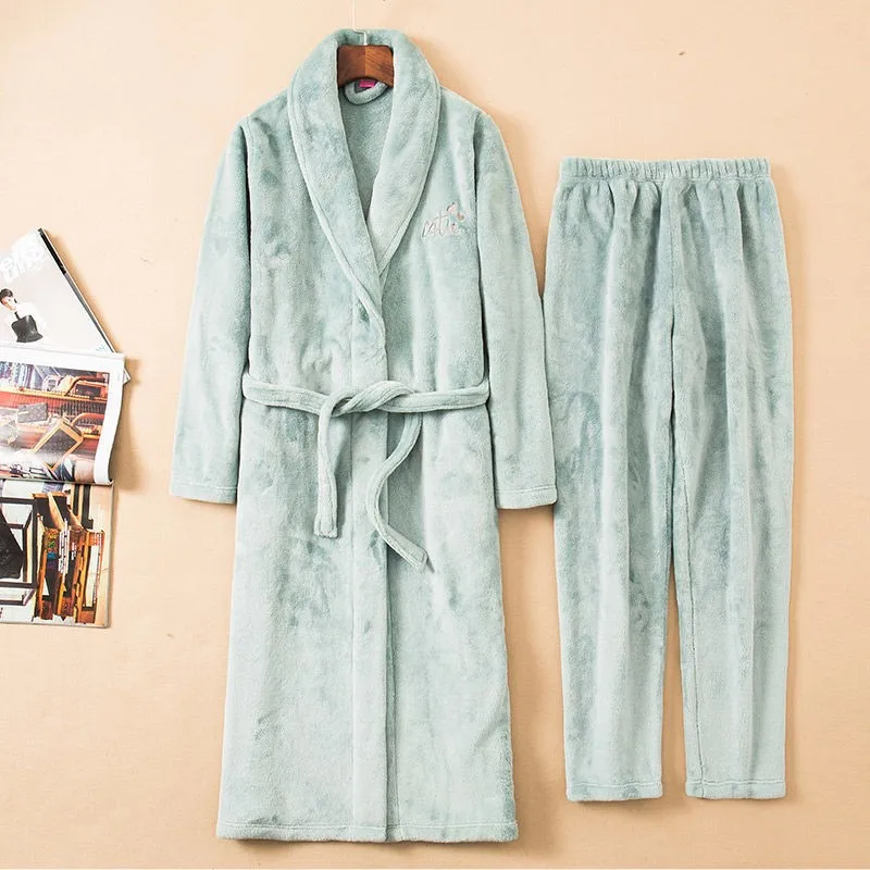 Winter Thicken Pajamas Set Women Robe Flannel Sleepwear 2PCS Robe&Pajamas Suit Lovers Kimono Gown Coral Fleece Warm Home Clothes