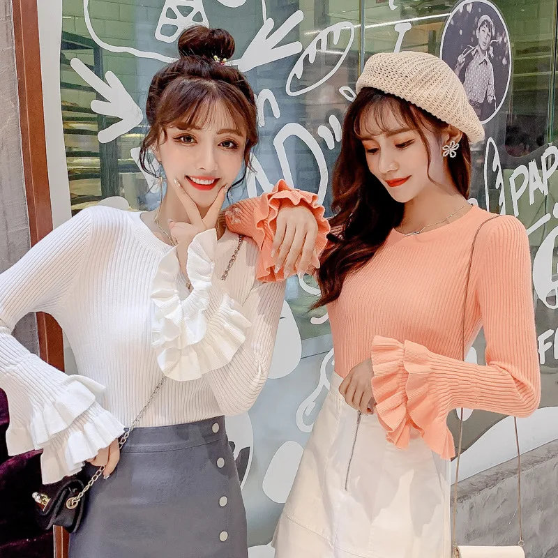 

New Sweet Pure Sweet Sweater Flared Sleeve Elastic Pullovers in Autumn and Winter