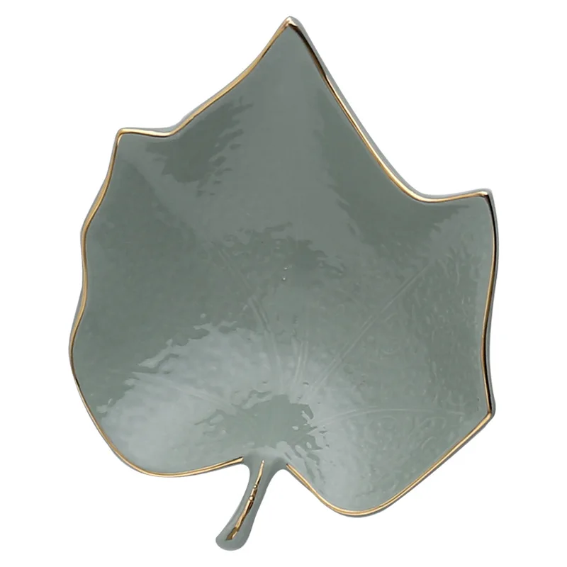 Лучший керамический поднос для хранения тарелок с золотым ободком Зеленый лист