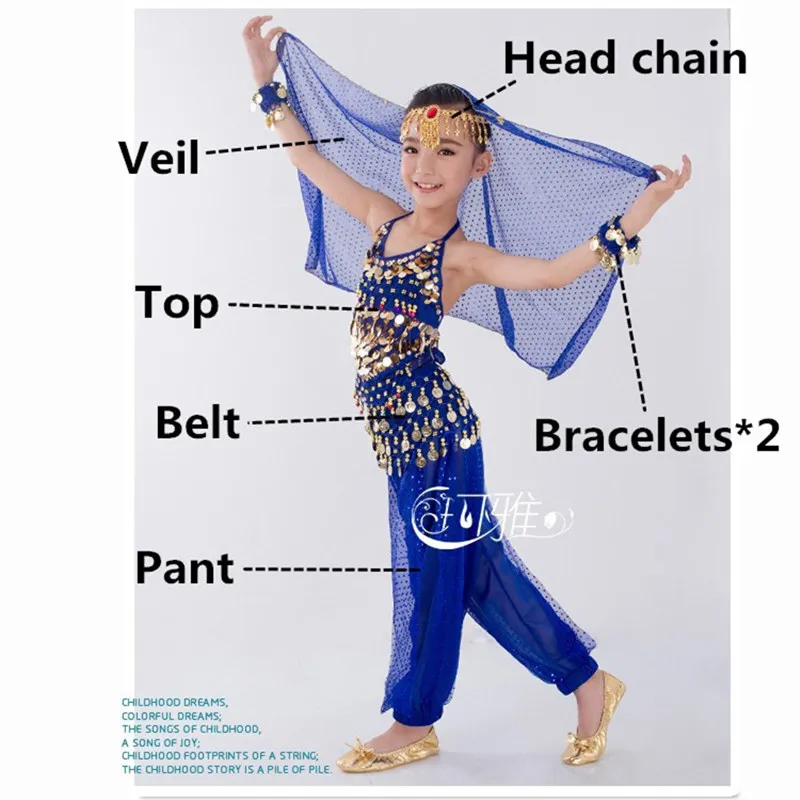Детский костюм для танца живота, карнавал, Египетский костюм с поясом, детская одежда для индийского танца, одежда для девочек, комплект одежды для танца живота для выступлений в Болливуде - Цвет: Dark Blue 7PCS