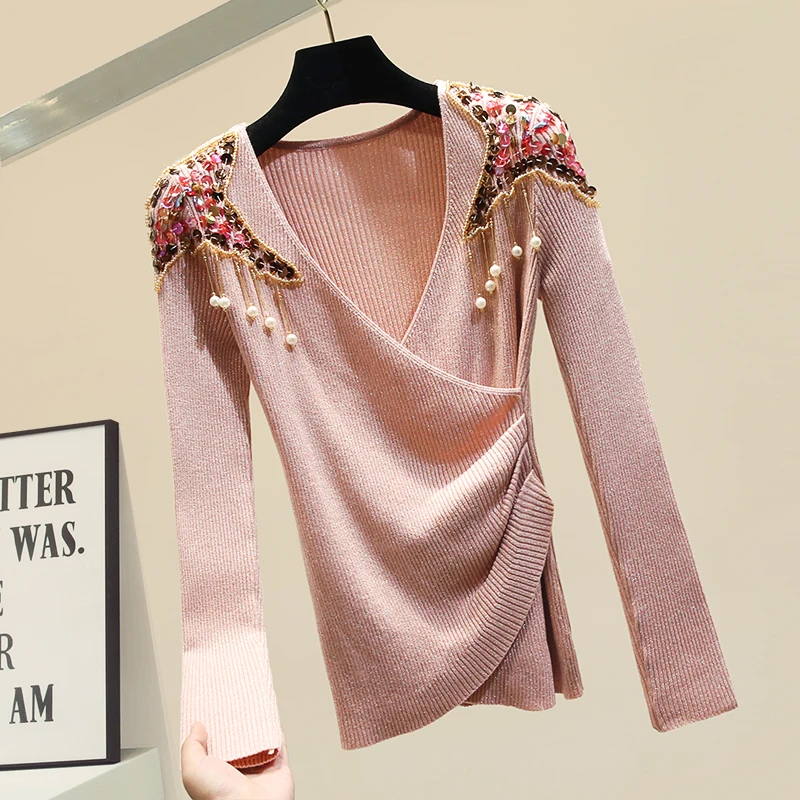 

2019 Autumn Winter Knitting Pullover Shirt Womens Outer Wear Sweaters Fashion Beaded Sequins Slim Sweater Basic Sweater Outwear