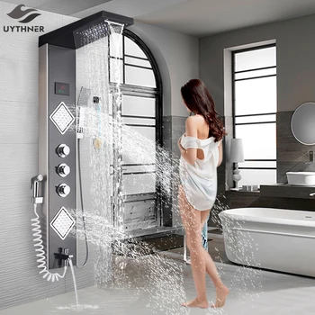 

Uythner Luxury Brushed Nickle Bathroom Shower Faucet LED Shower Panel Column Bathtub Mixer Tap W/Hand Shower Temperature Screen