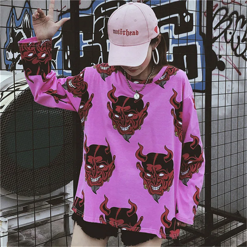 Новая модная женская рубашка в японском стиле Харадзюку, с принтом дьявола, короткий рукав, свободный летний топ, блуза, уличная одежда, повседневные рубашки унисекс