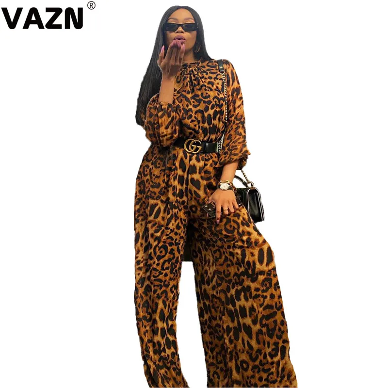 Leopard VAZN FSL046 леопардовые сексуальные офисные женские стильные комбинезоны в пляжном стиле с круглым вырезом тонкий бандажный женский шифоновый комбинезон с широкими штанинами - Цвет: Leopard