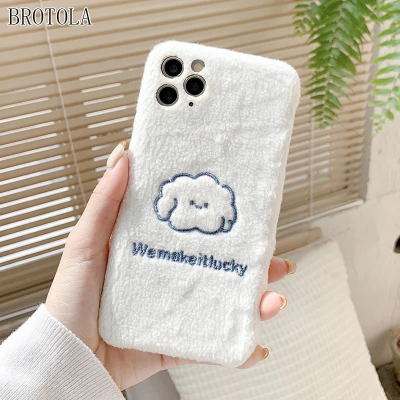 

For Apple 12 Pro White Lamb Plush Embroidery Cloud Fluffy Phone Case For iPhone 11 Pro X XR XS Max 7 8 Plus Warm Cute Soft Cover