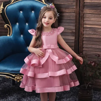 

2019 Kids Girls Party Wedding Bead Design Lace Dress Children Pageant Costumes Robes Formal Princess Dresses k