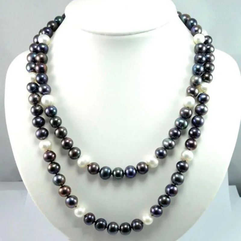 36" 9-10mm Genuine tahaitian black white pearl necklace 925silver Gold