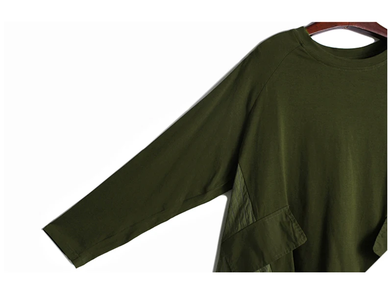 [EAM] Women Army Green Irregular Split Big Size T-shirt New Round Neck Long Sleeve  Fashion Tide  Spring Autumn 2020 1Z450