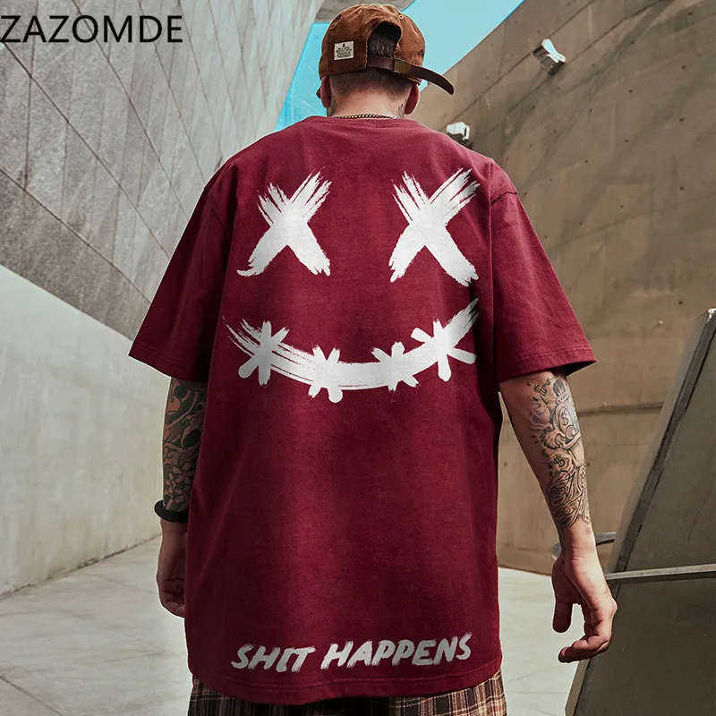 ZAZOMDE 2021 nueva moda camiseta de Hip Hop de los hombres de verano suelta de manga corta Camiseta de algodón Casual de gran tamaño básico camiseta con sonrisa suave