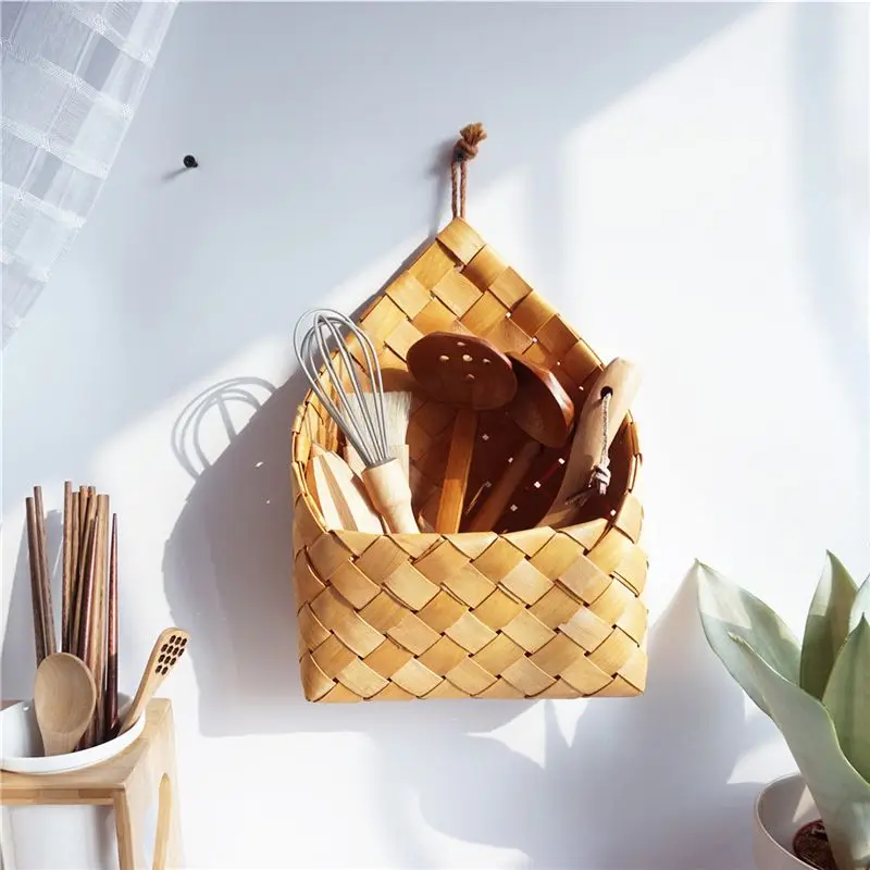 Hanging Wicker Basket Hand-Woven Wood Storage Basket Portable Wall Hanging Flower Fruit Basket Organizer Rattan Box Home Decor 3