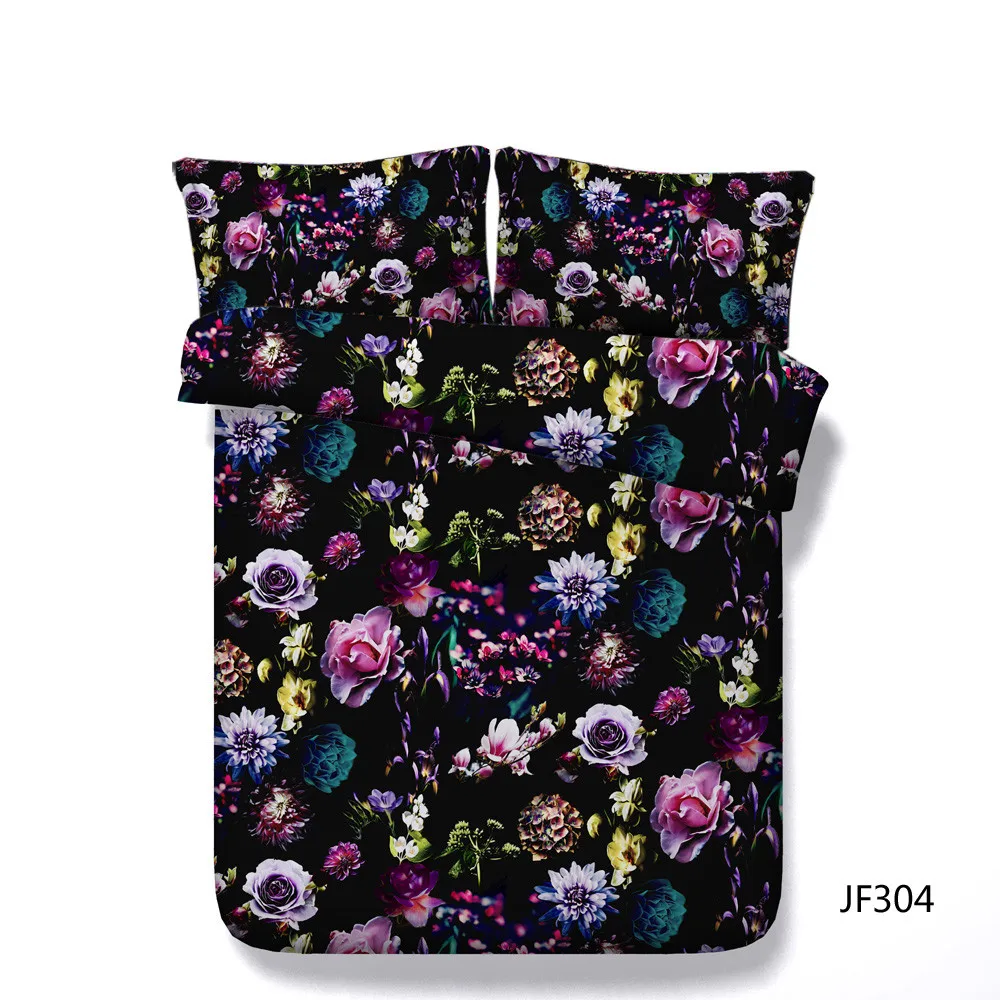 Jf304 All Kinds Flowers Print Bed Set 4pcs Black Sheets Set Colorful
