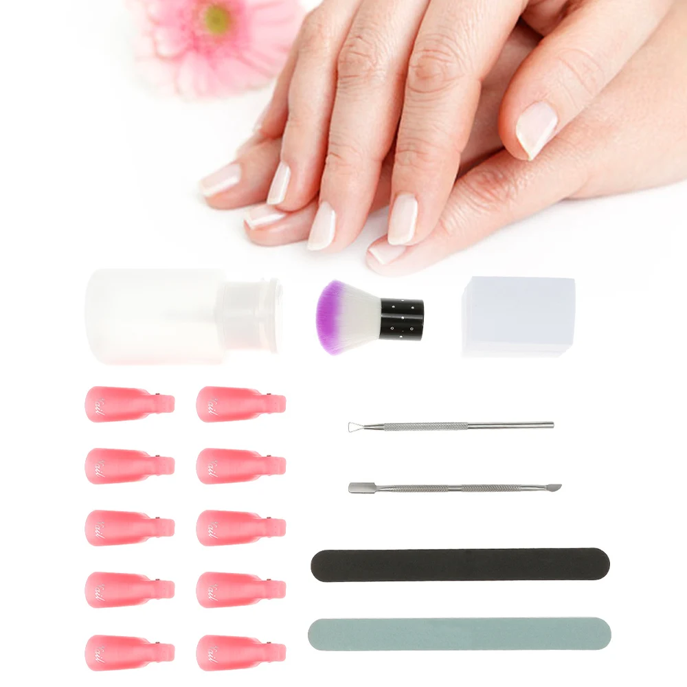 Nail Polish Remover Kit Wipe Cotton Pads 10 Pcs Nail Clips Caps 2 Pcs Nail File and Cutter Set Nail Brush Pump Dispenser Bottle