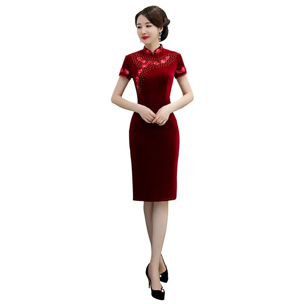Шанхай история кружева бисером Cheongsam по колено qipao платье в фольклорном стиле китайское традиционное платье восточное платье 3 цвета - Цвет: Красный