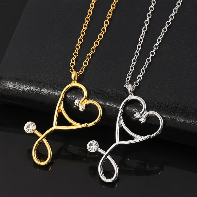 High Quality Gold Color Stethoscope Pendant Necklace Heart Doctor