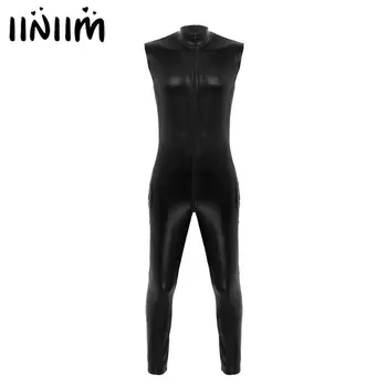 

Mens Adults Wet Look Costumes Faux Leather Bodystocking for Clubwear Zipper Pouch Footless Skin-Tight Leotard Bodysuit Jumpsuit