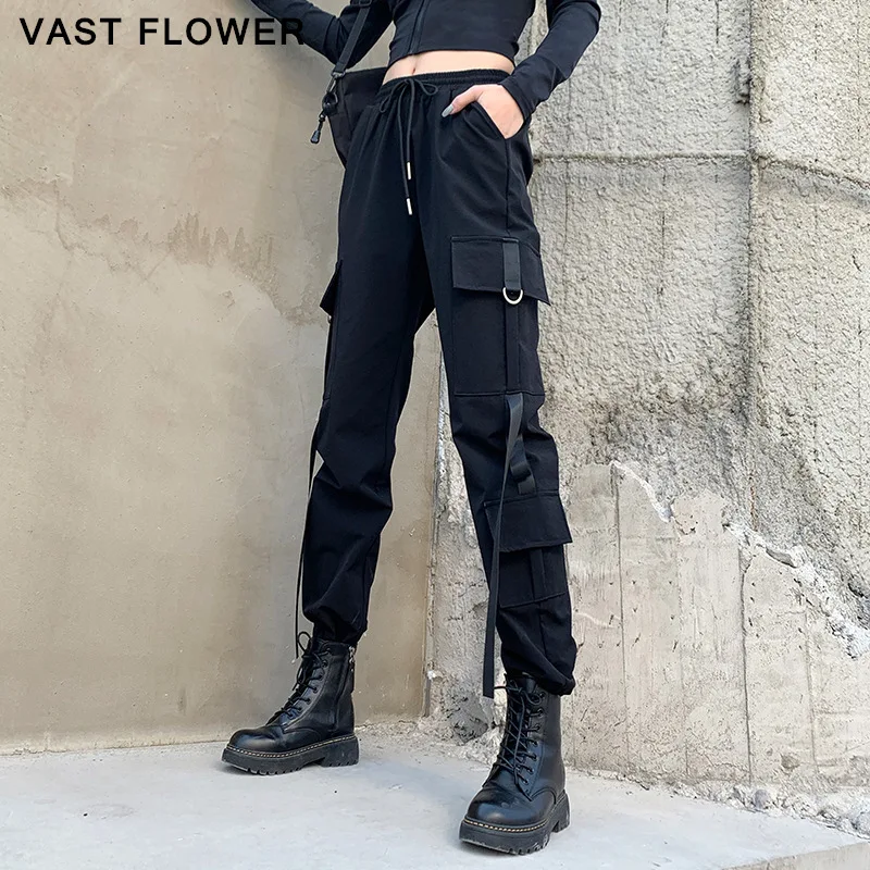 

Black High Waist Drawstring Cargo Pants Women New Ribbon Spliced Pocket Loose Casual Vintage Trousers Fashion Spring Autumn 2021