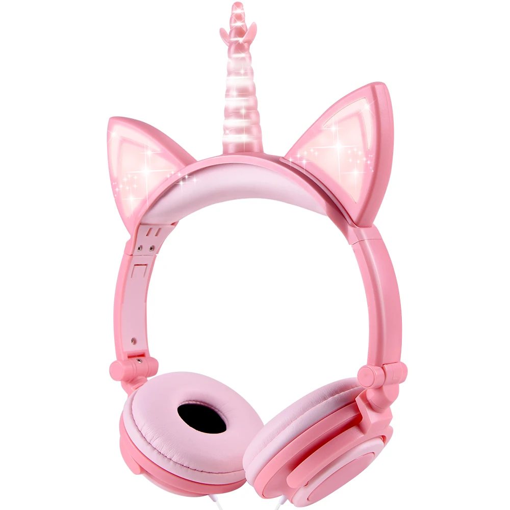 Eson Style Foldable Unicorn Wired Kids Girl Cat Ear LED Glowing Gaming Headset Headphones Noise Cancelling Jack 3 5mm Mic